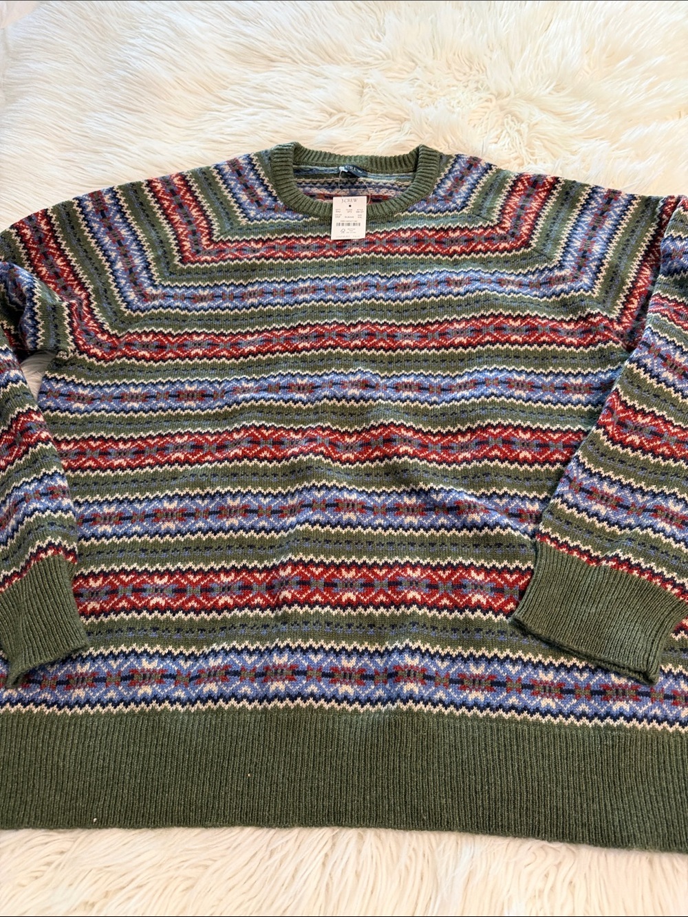 J. Crew Olive Fair Isle Crewneck Sweater with Red and Blue Accents beautiful XXL - Picture 6 of 8